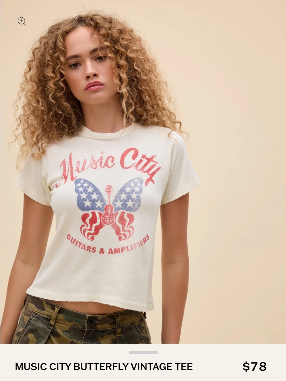 Daydreamer Cream Graphic Tee with Red and Blue Butterfly Guitar